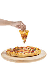 Hand taking a slice of pizza with beef, onion, and pepper