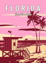 Retro Poster Florida Beach. Lifeguard house on the beach, palm, coast, surf, ocean. Vector illustration vintage