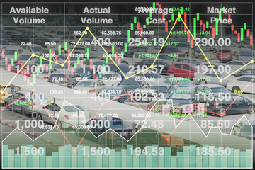 Stock financial show growth index data of energy consumption cost growth by cars with graph, chart and candlesticks on blurry image of cars for business and industry presentation background.
