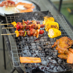 delicious grilled meat with smoke, BBQ with vegetables in outdoor. Barbecue, Party, lifestyle and...