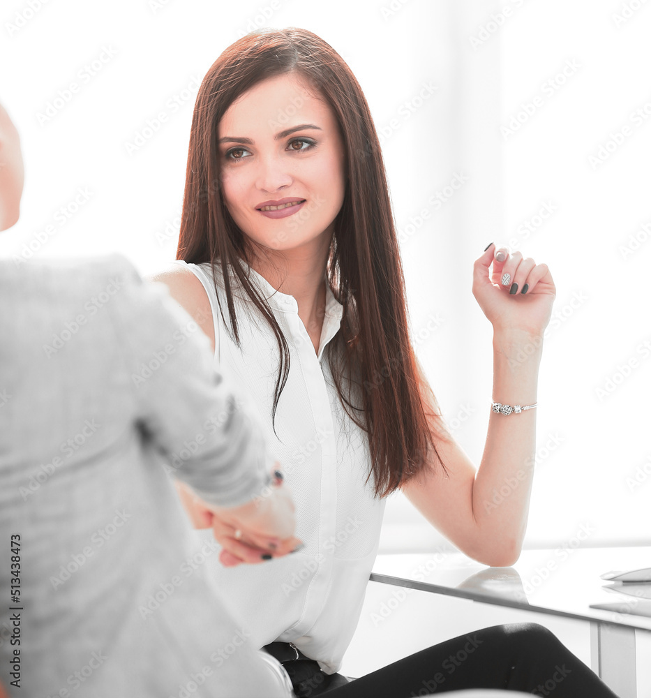 Poster two office workers talking in the workplace