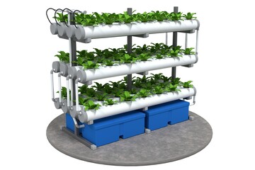 Vertical vegetables farm in hydroponics. Automatic watering technology with air and nutrient supply. 3d illustration