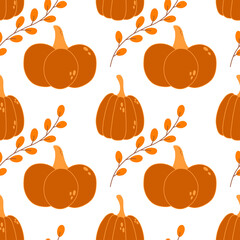 Vector seamless pattern with pumpkins and branches with leaves. Autumn illustration