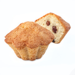 cupcake with raisins whole and cut on white background isolated