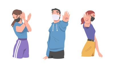 Fototapeta premium Man and Woman in Face Mask Showing Stop Virus Sign with Hand Vector Illustration Set
