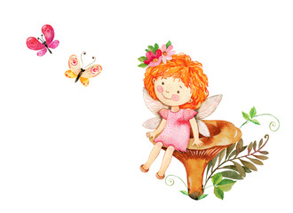 Watercolor cute woodland fairy illustration. Summer kids party decor. Forest magic fairytale clipart isolated on white background. Cartoon fairy character. Greeting, card, postcard, banner, poster