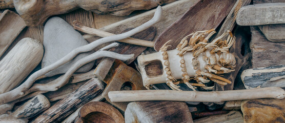 Driftwood. Background of pieces of wood brought by the sea