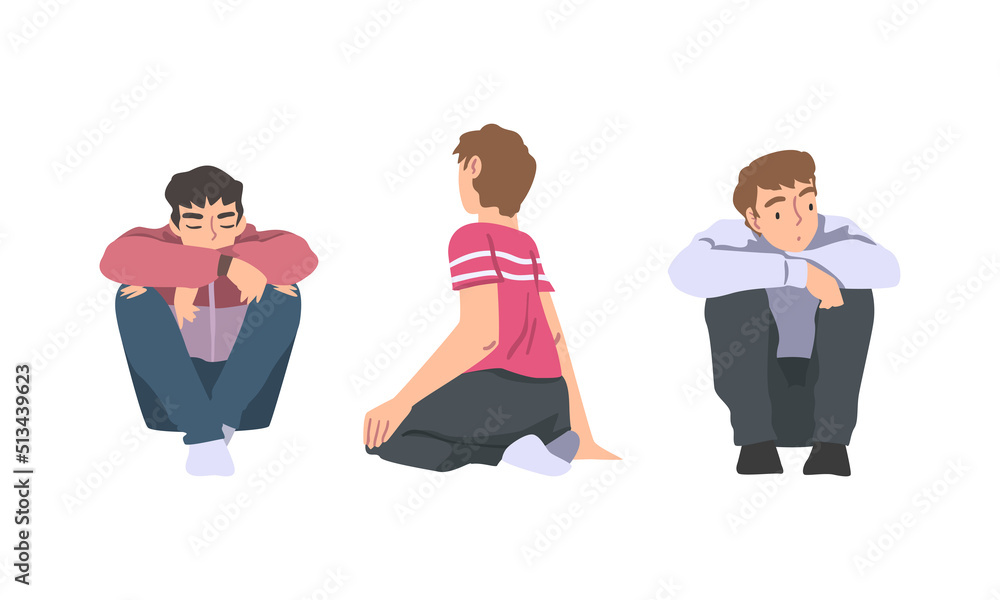 Poster man with bended knees sitting on the floor feeling calm vector set