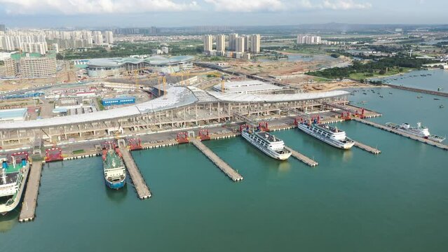 Aerial View of the Construction Project of  Haikou International Duty Free Mall at Xinhai Port, Hainan Province, China.