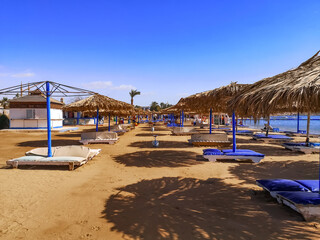 El Kheima Beach in Sharm El Sheikh (Egypt). Rows of blue sunloungers under dry cane umbrellas on a sandy beach on the Red Sea
