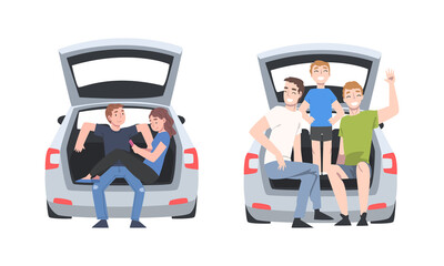 Smiling Man and Woman Sitting in Car Trunk Vector Illustration Set