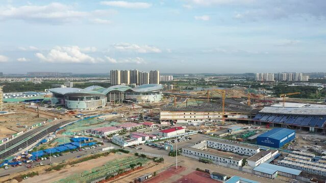 Aerial View of the Construction Project of  Haikou International Duty Free Mall at Xinhai Port, Hainan Province, China.