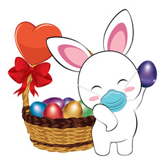 White Bunny in mask with Easter eggs