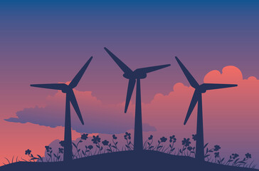 Wind turbine silhouette at sunset