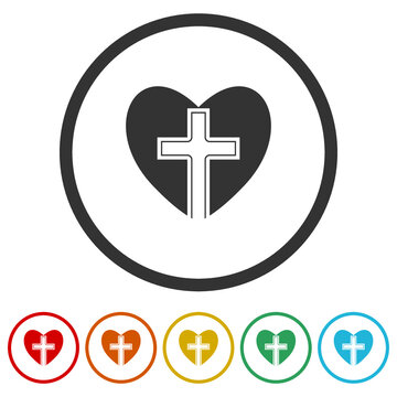 Christian cross heart icons in color circle buttons