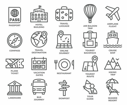 Tourism and travel line icons set on white background