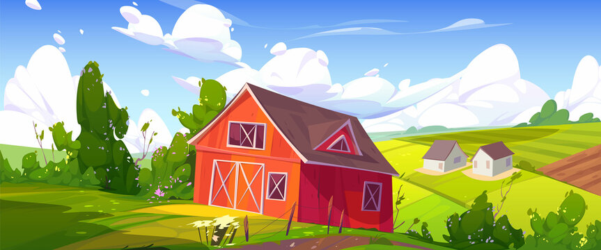 Summer rural landscape with farm barn, green agriculture fields and village houses. Vector cartoon illustration of countryside panorama, farmland with wooden granary, road, fence, trees and bushes