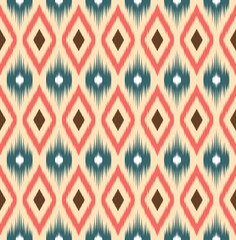 Ikat geometric ornament with diamonds. Ikkat. Seamless pattern. Aztec style. Tribal ethnic vector texture. Folk embroidery, Indian, Scandinavian, Gypsy, Mexican, African rug, wallpaper.