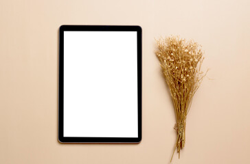 tablet similar to ipades style, on bright peach background, mockup or template