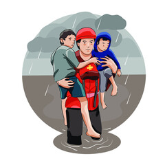 search and rescue team evacuate children in rescue attempt of flooding dissaster