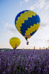 Fototapeta premium air balloon with basket above lavender field