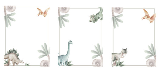 Set of card with watercolor dinosaurs isolated. © Aleksandra Baianova