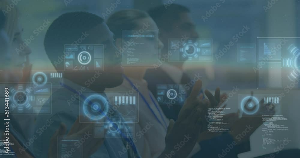 Poster animation of diverse data on digital screen over diverse businesspeople clapping hands