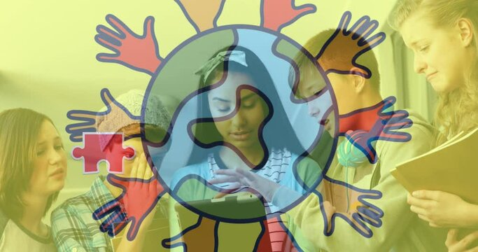 Animation of colorful puzzle and globe with hands over diverse children using tablet
