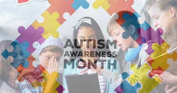 Animation of colorful puzzles and autism awareness month over diverse children with tablet - Powered by Adobe