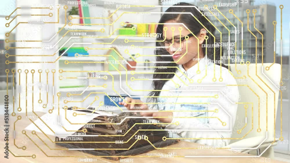 Poster animation of computer circuit board and data processing over biracial businesswoman in office