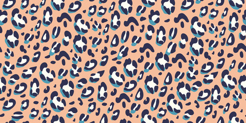 Leopard pink and blue seamless pattern. Animalistic print for fabric, paper. Vector hand-drawn background. 