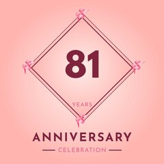 81 years anniversary celebration with purple frame isolated on soft pink background. Creative design for happy birthday, wedding, ceremony, event party, marriage, invitation card and greeting card.