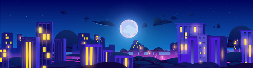 Night city with neon illumination. Urban architecture panoramic background, cityscape with glowing lights under full moon and stars. Modern megapolis buildings exterior, Cartoon vector illustration