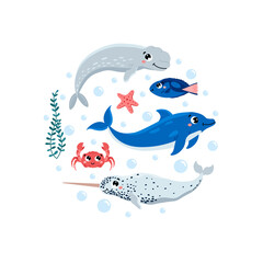 Cute fishes and marine mammals with smiling face, flat vector illustration isolated on white background.