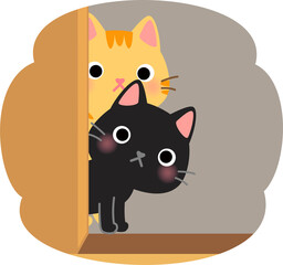 物陰から様子を窺う黒猫とトラ猫