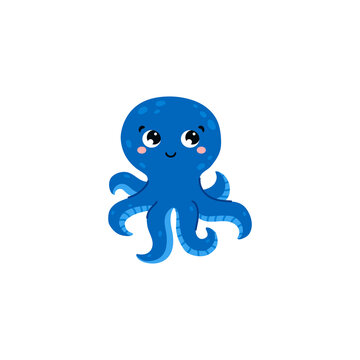 Cute blue cartoon octopus with pink cheeks flat style, vector illustration
