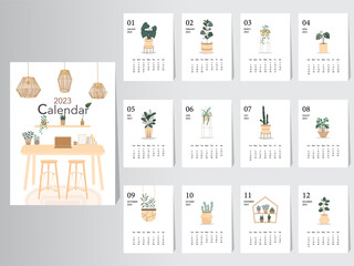 Cute calendar 2023 design,The year of plant monthly cards templates,Set of 12 month,Monthly trees,leaf,Vector illustrations.