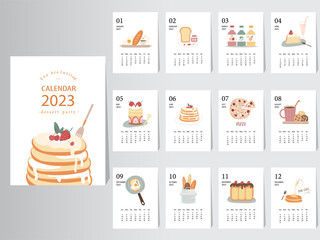 Cute calendar 2023 design,The year of plant monthly cards templates,Set of 12 month,Monthly dessert,sweet,food,Vector illustrations.