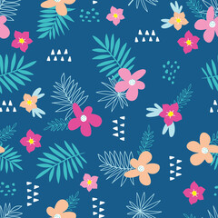 Tropical flowers seamless vector pattern with bright hibiscus flowers and exotic palm leaves on blue background. Vector summer illustration for fabric, wrapping.