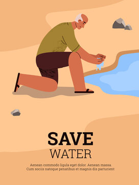 Man drinking water from puddle or pond, water scarcity concept poster with text - flat vector illustration.