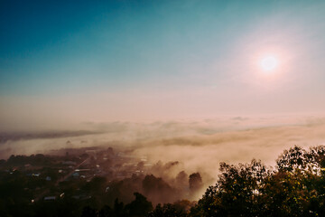 The mist engulfed the city in the morning with the rising sun. Sightseeing spots, scenic photography areas Wat Phra That Khao Noi, Nan Province, Thailand