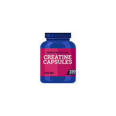 Creatine sports nutrition jar or bottle, flat vector illustration isolated.