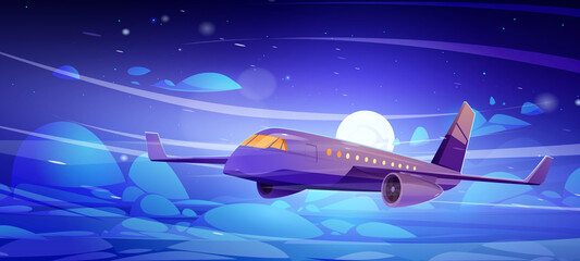 Naklejka na ściany i meble Plane fly in night sky with clouds and full moon. Concept of passenger aircraft flight, travel, commercial aviation. Vector cartoon illustration of flying big airplane in dark sky