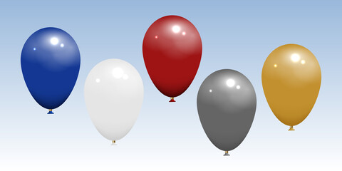 Balloons in blue, white, red, silver, gold colour. Isolated on blue and white gradient background, mockup template object. Realistic 3D vector illustration.