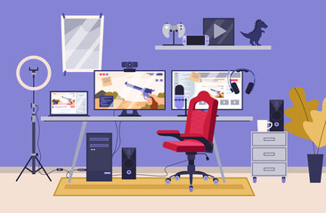 Gamer or cyber sportsman room with gadgets for games, flat vector illustration. © Kudryavtsev