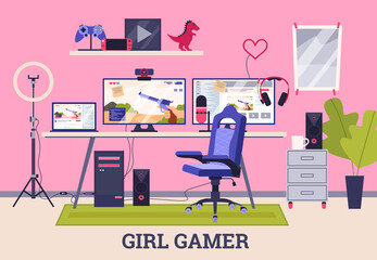 Girl gamer or cyber sportsman room with gadgets flat vector illustration. © Kudryavtsev