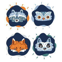 Vector illustration of Set Of Cute Cartoon Animals. Owl, raccoon, fox, wolf over dark background