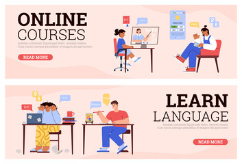 Set of website banners about online language learning flat style