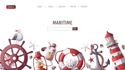 Ship's steering wheel, anchor, lifebuoy, sand bottle, corals, starfishes, seashells, lighthouse. Maritime, sea coast, marine life, nautical concept. Vector illustration. Website, banner template.