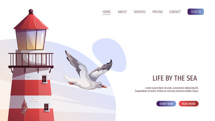 Lighthouse and flying seagull. Maritime, sea coast, marine life, nautical concept. Vector illustration. Website, banner template.